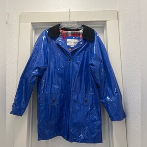 Vintage Blue Vinyl Raincoat Women M Inner View Waterproof Slicker Plaid Lined